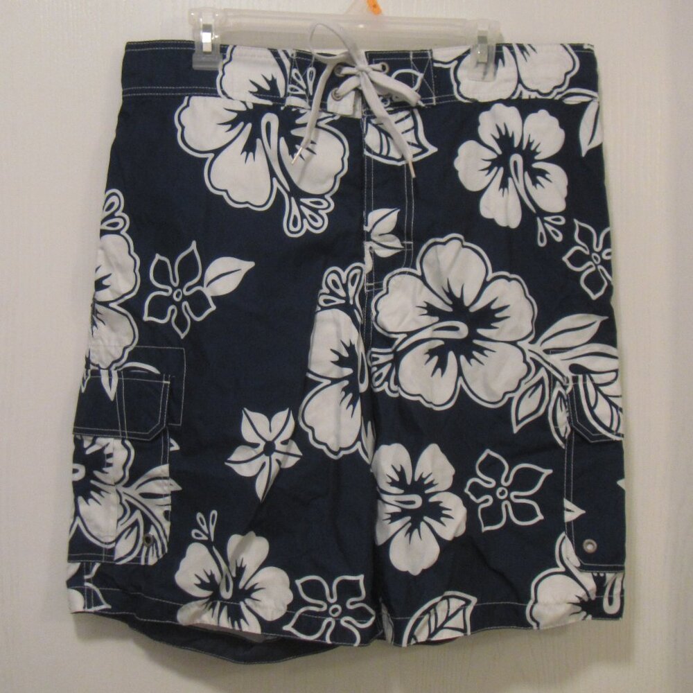 Men's Merona Hawaiian Floral Tropical Swimwear Swim Trunks Board Shorts L Navy